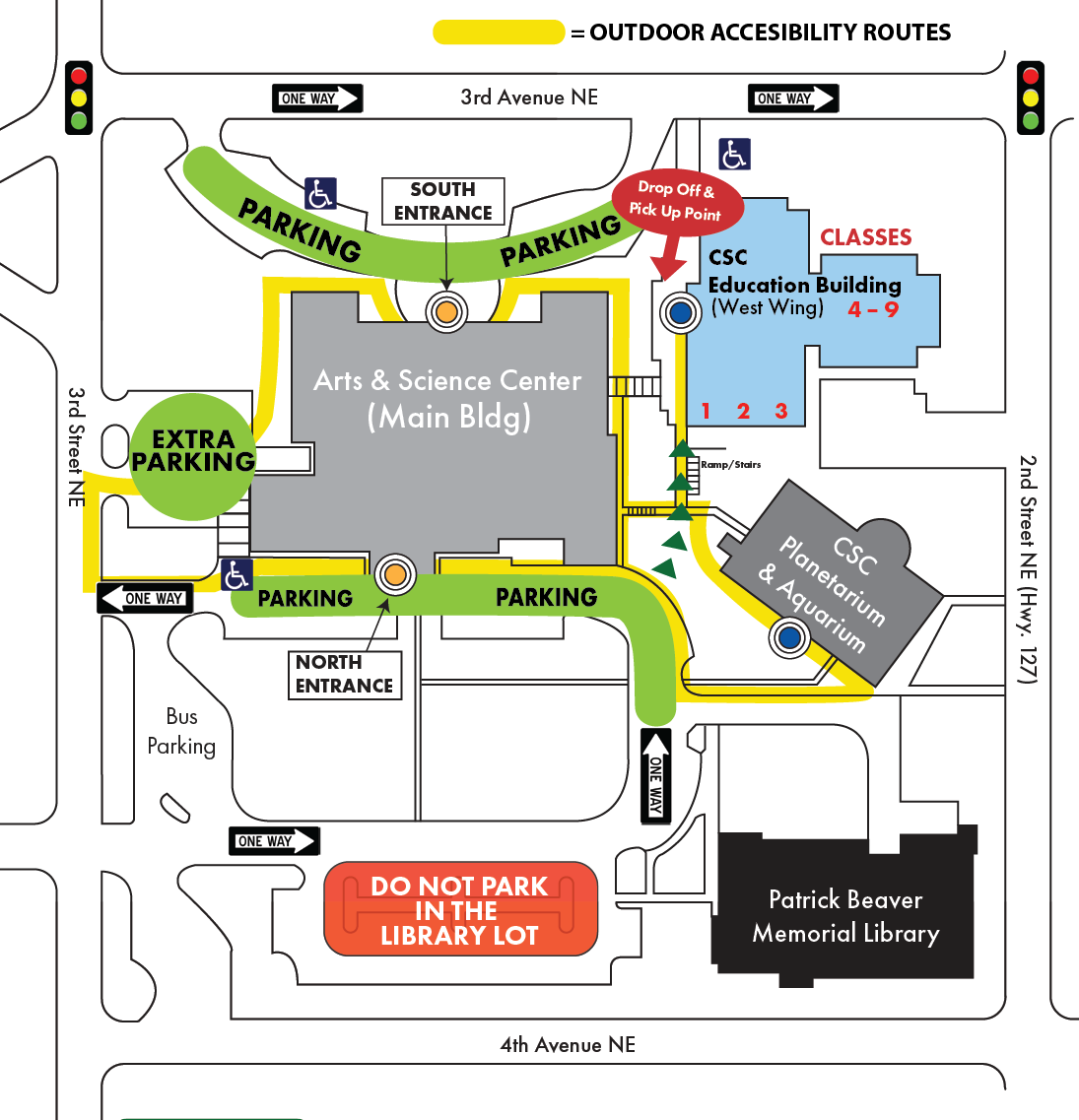 Campus parking and accessible routes map for Catawba Science Center field trips